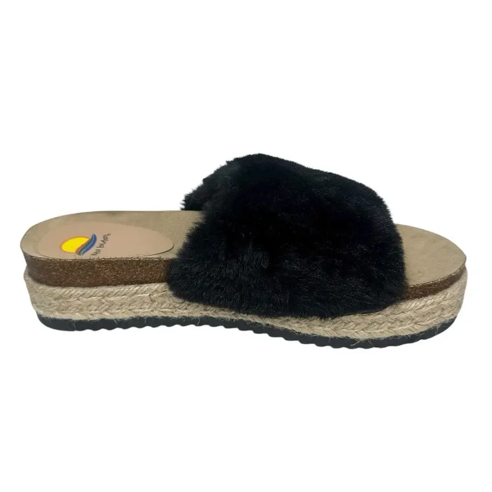 Maui Island Black Faux Fur Platform Wedge Slide Sandals Slippers Cork Footbed 10